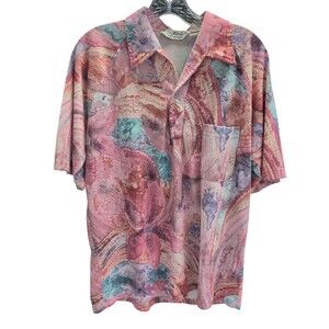 Lilly Dache Vintage 1970s Men’s L Pink Abstract Disco Resort Shirt Pullover